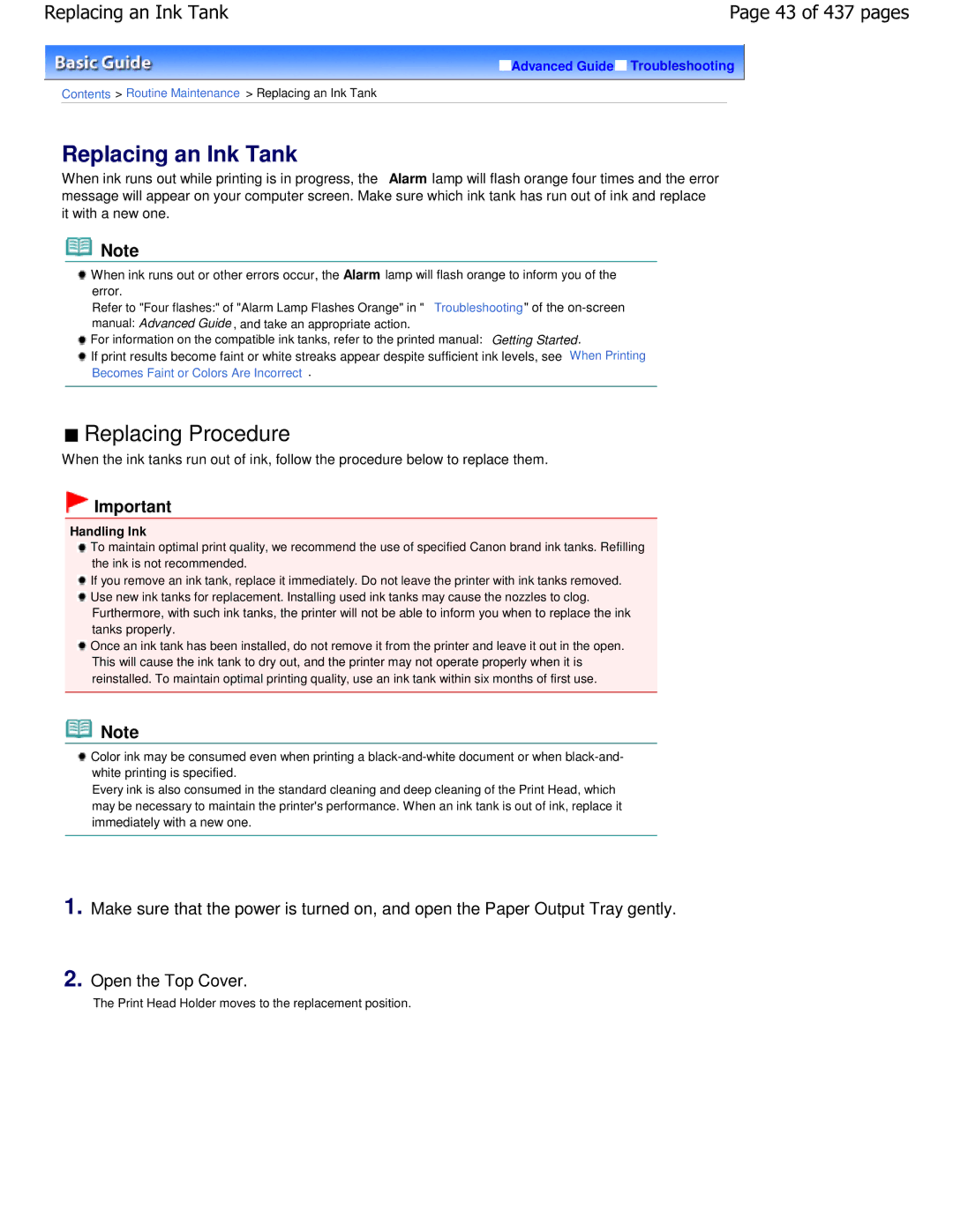 Canon iP4700 manual Replacing Procedure, Replacing an Ink Tank, 43 of 437 pages 