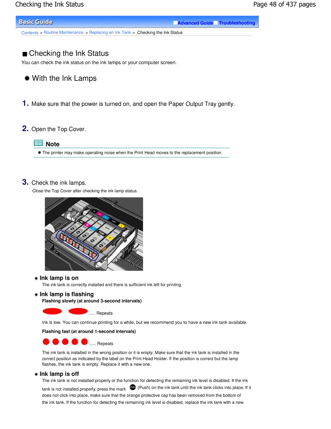 Canon iP4700 manual With the Ink Lamps, Checking the Ink StatusPage 48 of 437 pages, Check the ink lamps 