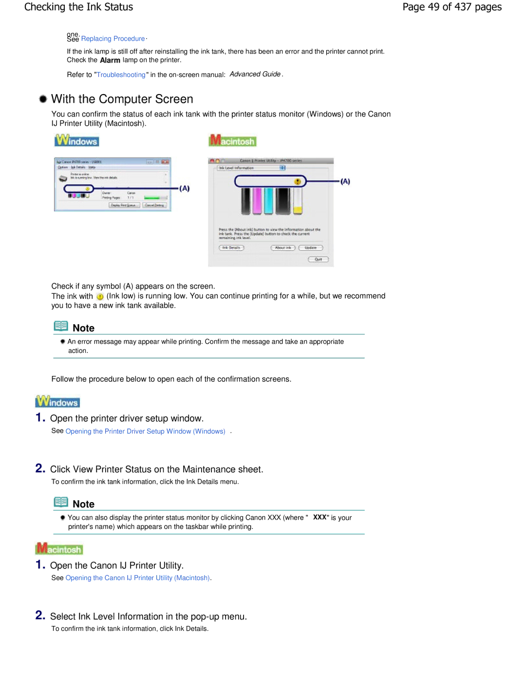 Canon iP4700 manual With the Computer Screen, Checking the Ink Status, 49 of 437 pages 