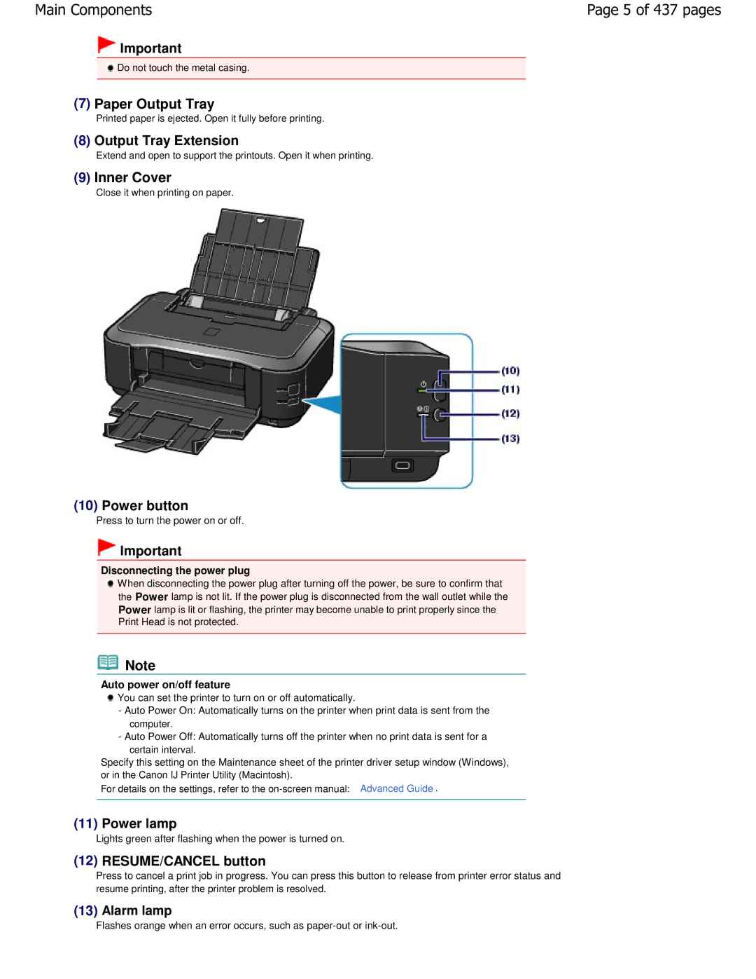 Canon iP4700 manual Main Components 5 of 437 pages, Auto power on/off feature 