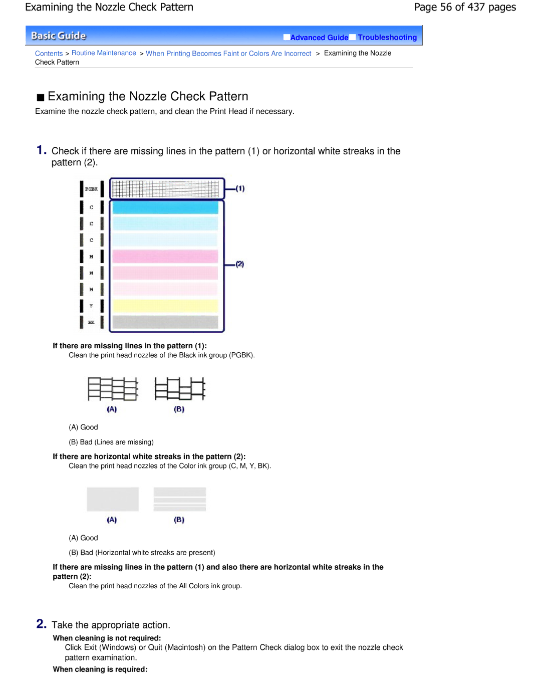 Canon iP4700 manual Examining the Nozzle Check Pattern, 56 of 437 pages, Take the appropriate action 