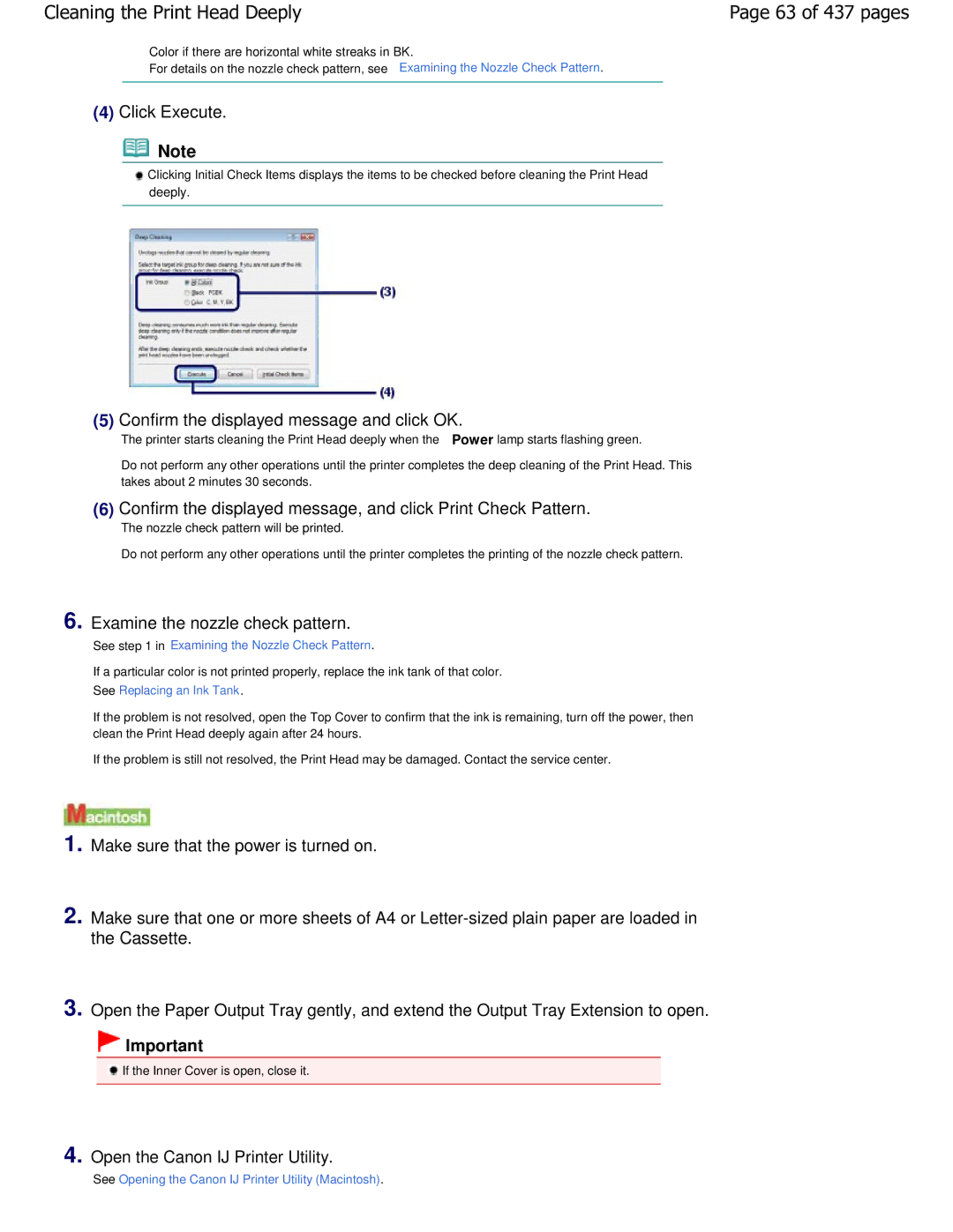 Canon iP4700 manual Cleaning the Print Head Deeply, 63 of 437 pages, Confirm the displayed message and click OK 