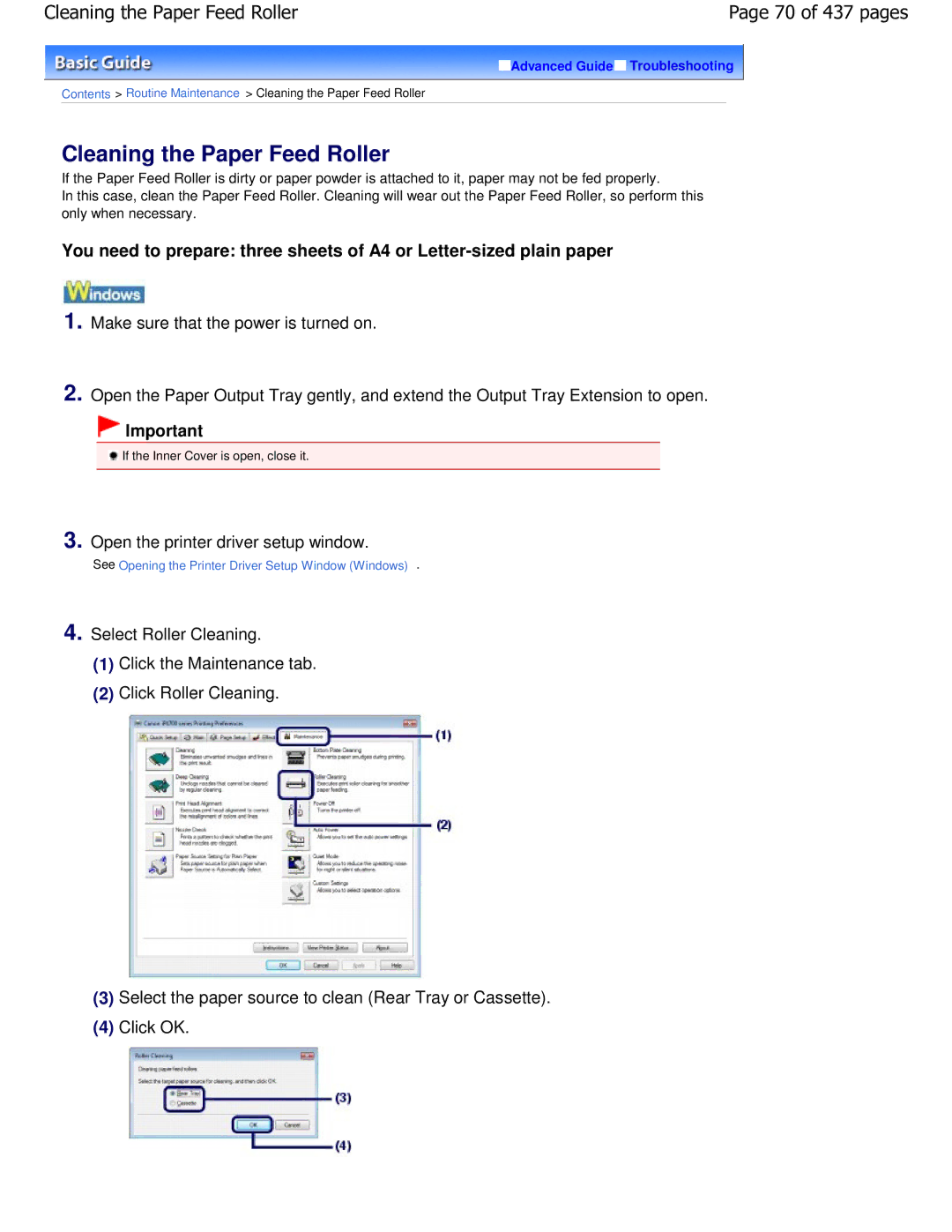 Canon iP4700 manual Cleaning the Paper Feed Roller, 70 of 437 pages 