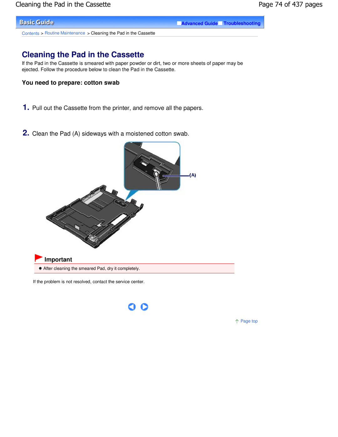 Canon iP4700 Cleaning the Pad in the Cassette, 74 of 437 pages, Clean the Pad a sideways with a moistened cotton swab 