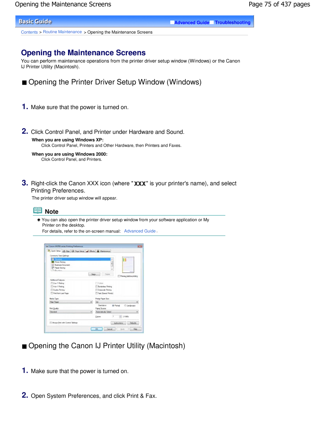 Canon iP4700 manual Opening the Printer Driver Setup Window Windows, Opening the Canon IJ Printer Utility Macintosh 