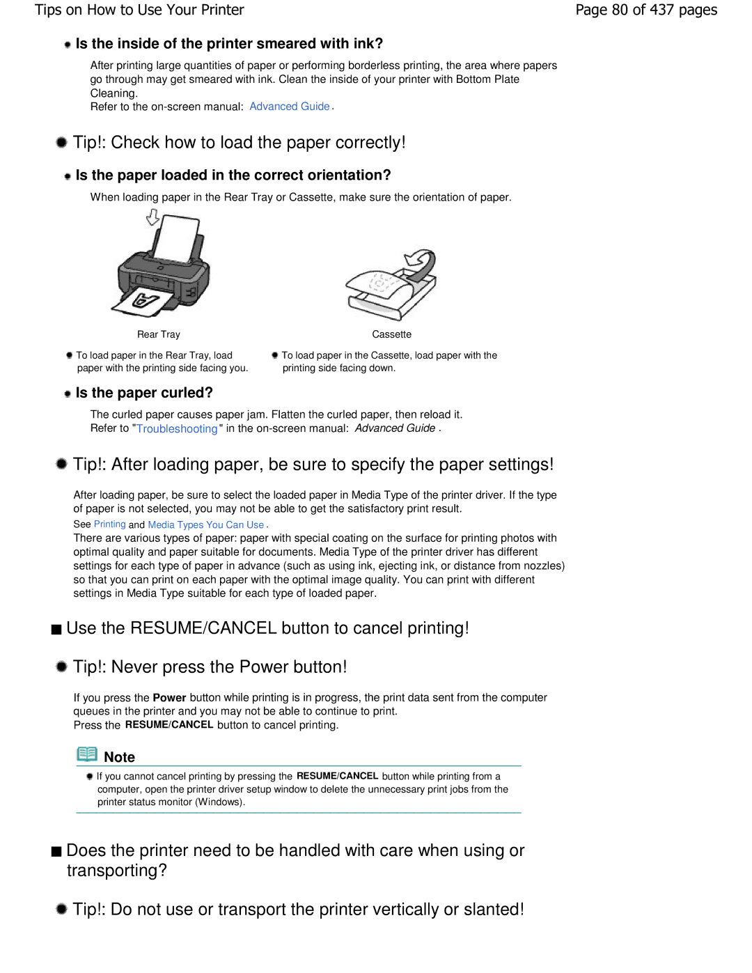 Canon iP4700 Tip! Check how to load the paper correctly, Is the inside of the printer smeared with ink?, 80 of 437 pages 