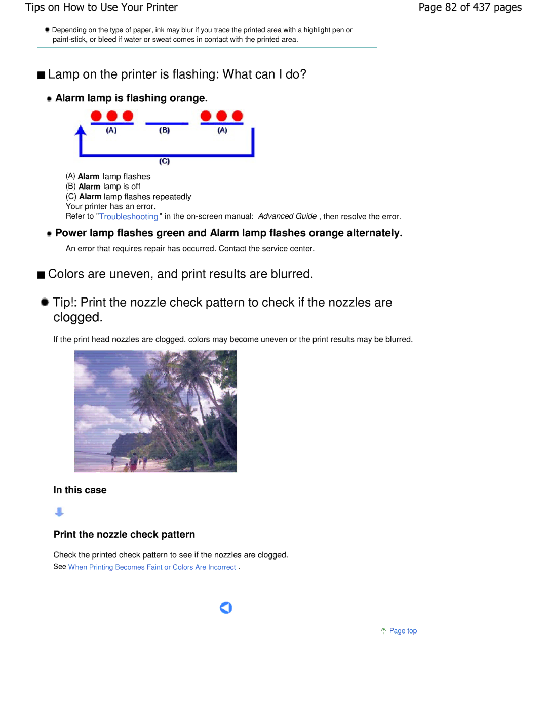 Canon iP4700 manual Lamp on the printer is flashing What can I do?, Alarm lamp is flashing orange, 82 of 437 pages 