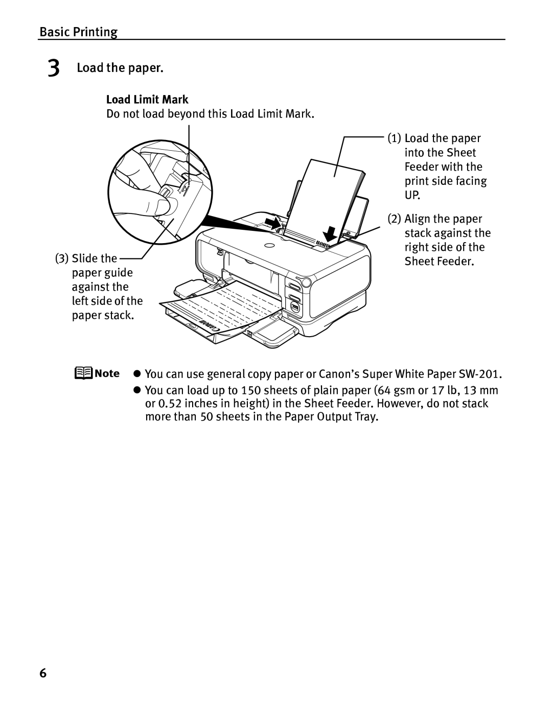 Canon iP5000 quick start Basic Printing Load the paper, Load Limit Mark 