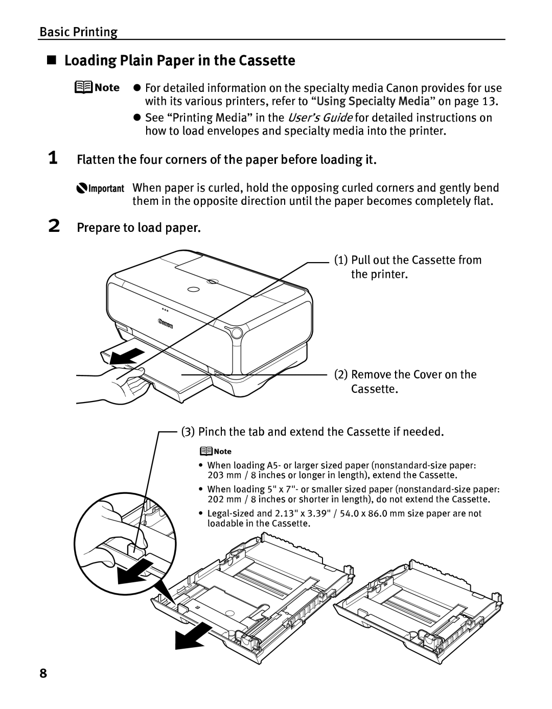 Canon iP5000 quick start „ Loading Plain Paper in the Cassette, Flatten the four corners of the paper before loading it 