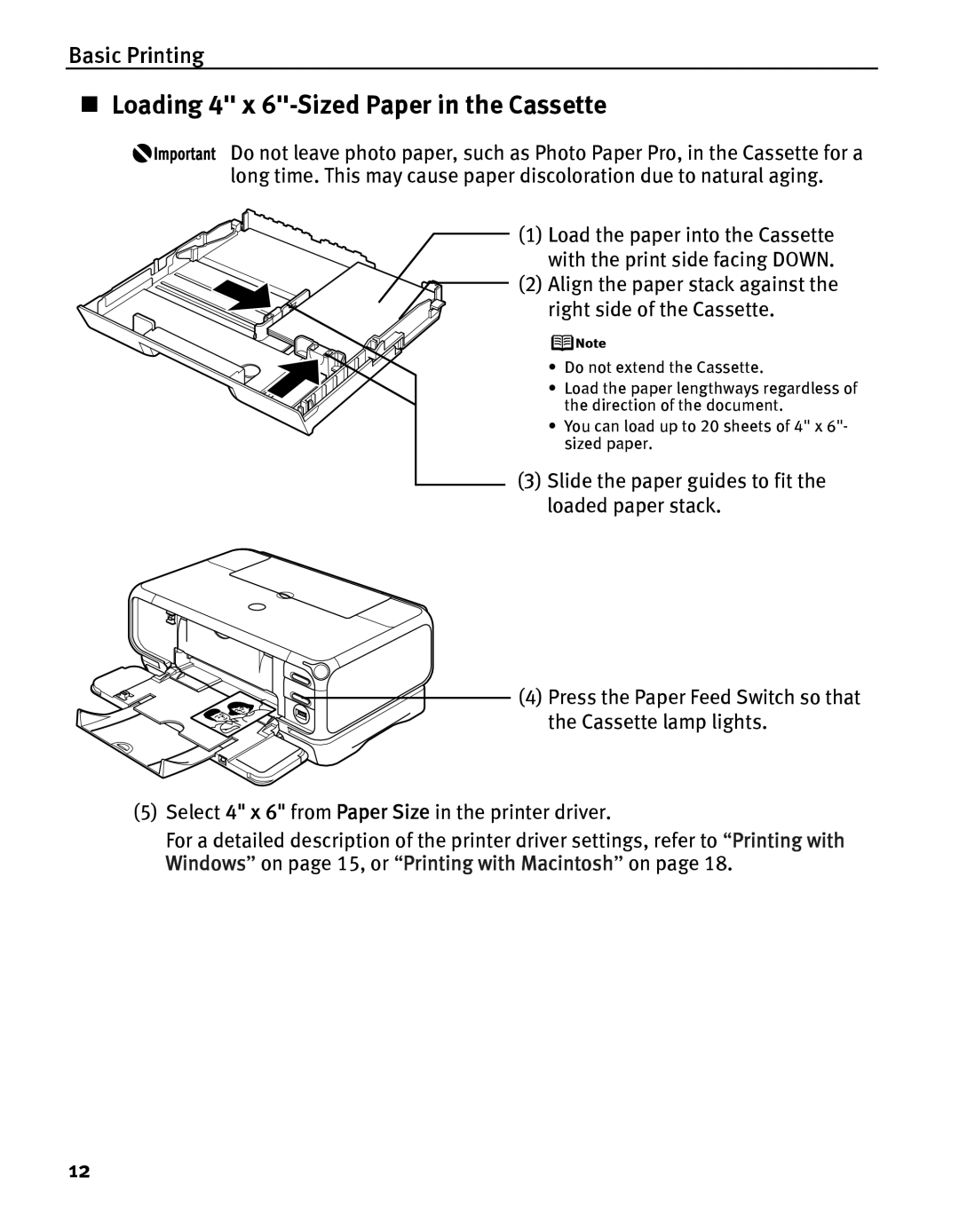 Canon iP5000 quick start „ Loading 4 x 6-Sized Paper in the Cassette, Basic Printing 