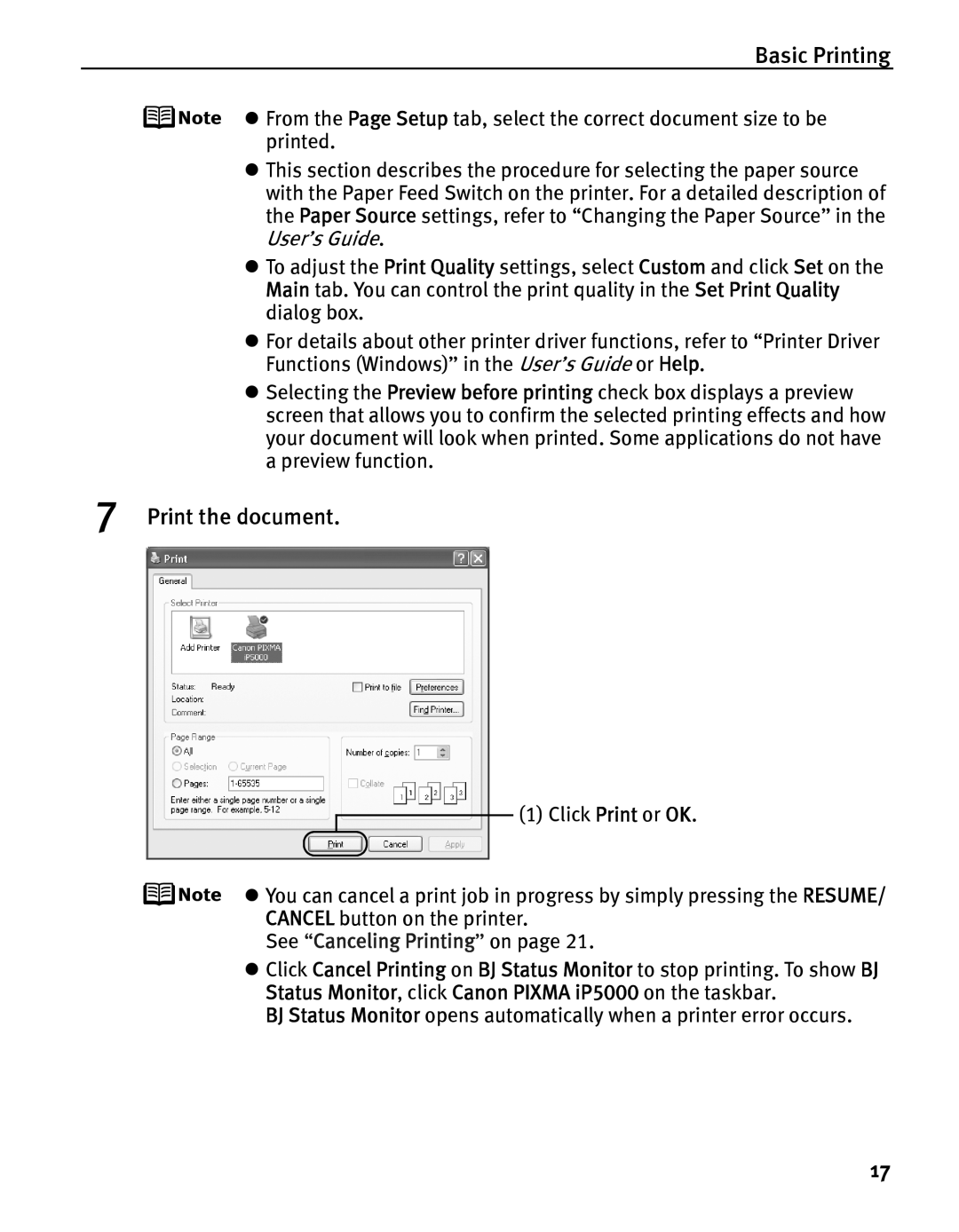 Canon iP5000 quick start Print the document, See Canceling Printing on 