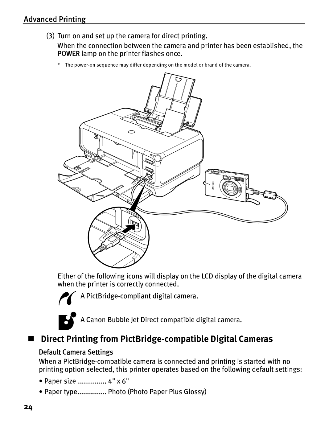 Canon iP5000 quick start „ Direct Printing from PictBridge-compatible Digital Cameras, Default Camera Settings 