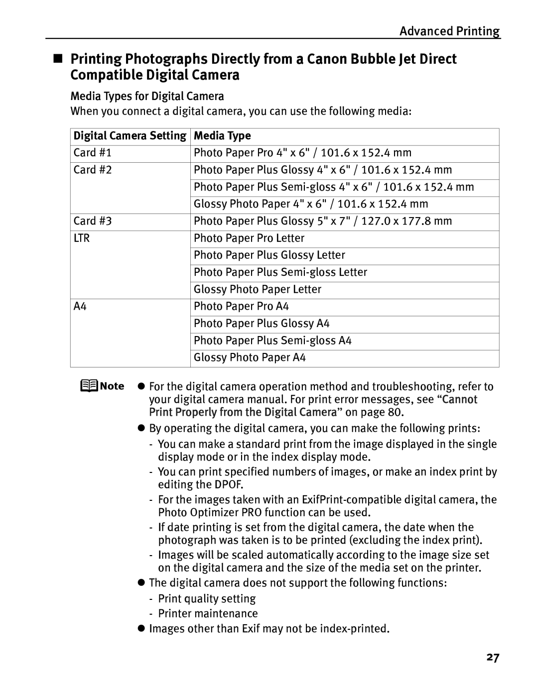 Canon iP5000 quick start Media Types for Digital Camera 