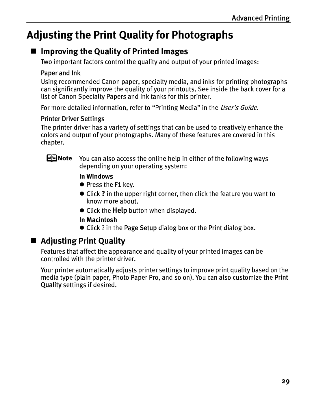 Canon iP5000 quick start Adjusting the Print Quality for Photographs, „ Improving the Quality of Printed Images 