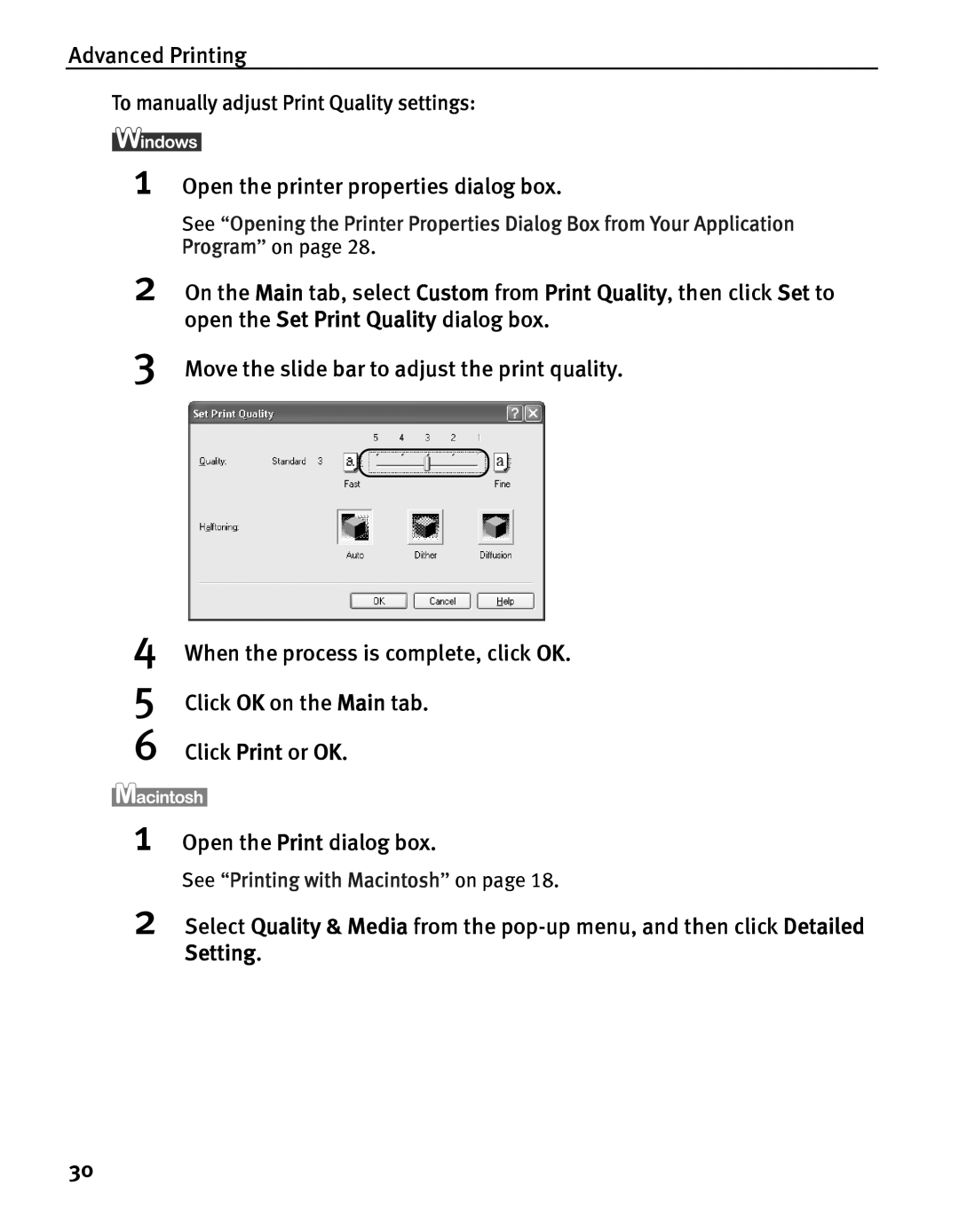 Canon iP5000 quick start Open the printer properties dialog box, To manually adjust Print Quality settings 