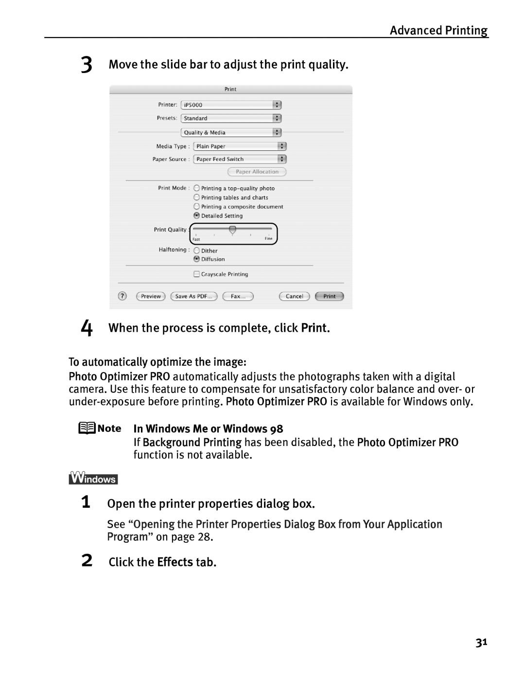 Canon iP5000 quick start Click the Effects tab, To automatically optimize the image, Windows Me or Windows 