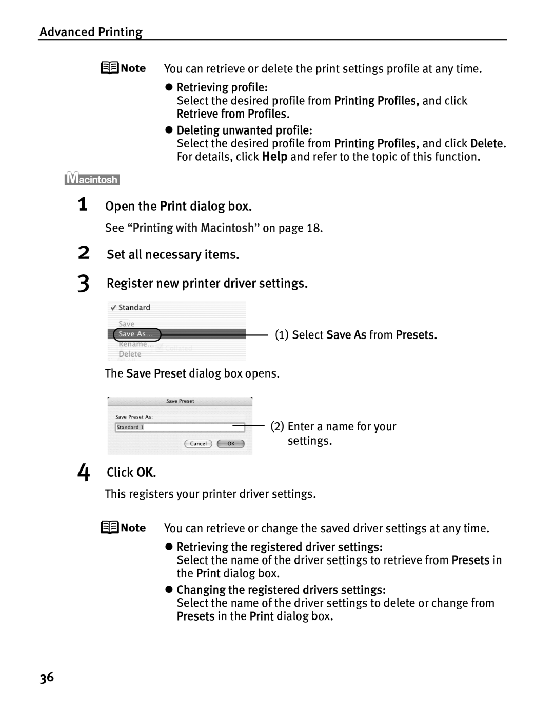 Canon iP5000 quick start Retrieving profile, Deleting unwanted profile, Retrieving the registered driver settings 