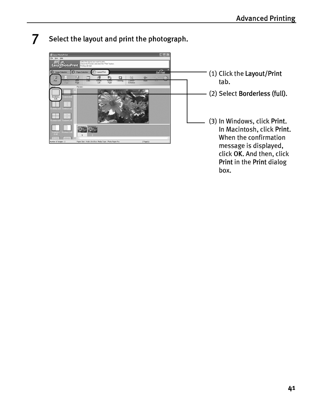 Canon iP5000 quick start Advanced Printing Select the layout and print the photograph, Select Borderless full 