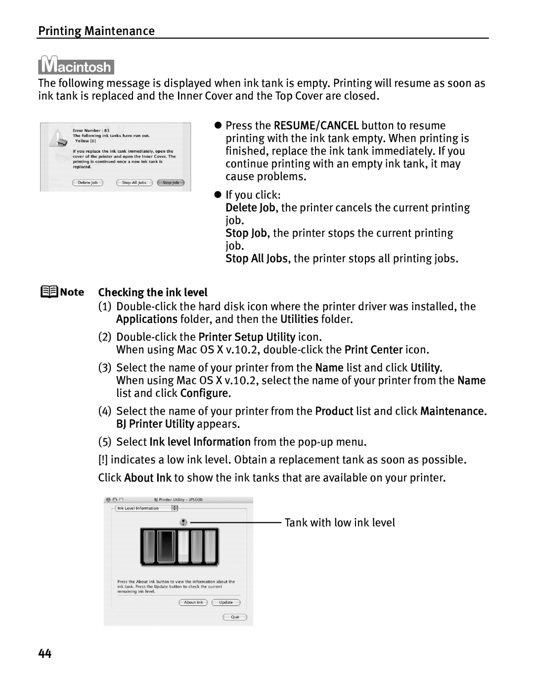 Canon iP5000 quick start Checking the ink level 