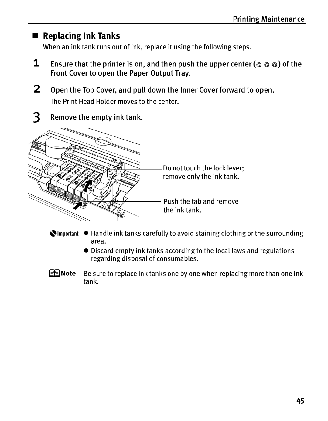 Canon iP5000 quick start „ Replacing Ink Tanks, Remove the empty ink tank 