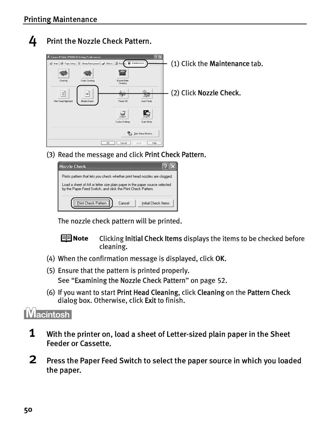 Canon iP5000 quick start Printing Maintenance Print the Nozzle Check Pattern, Click Nozzle Check 