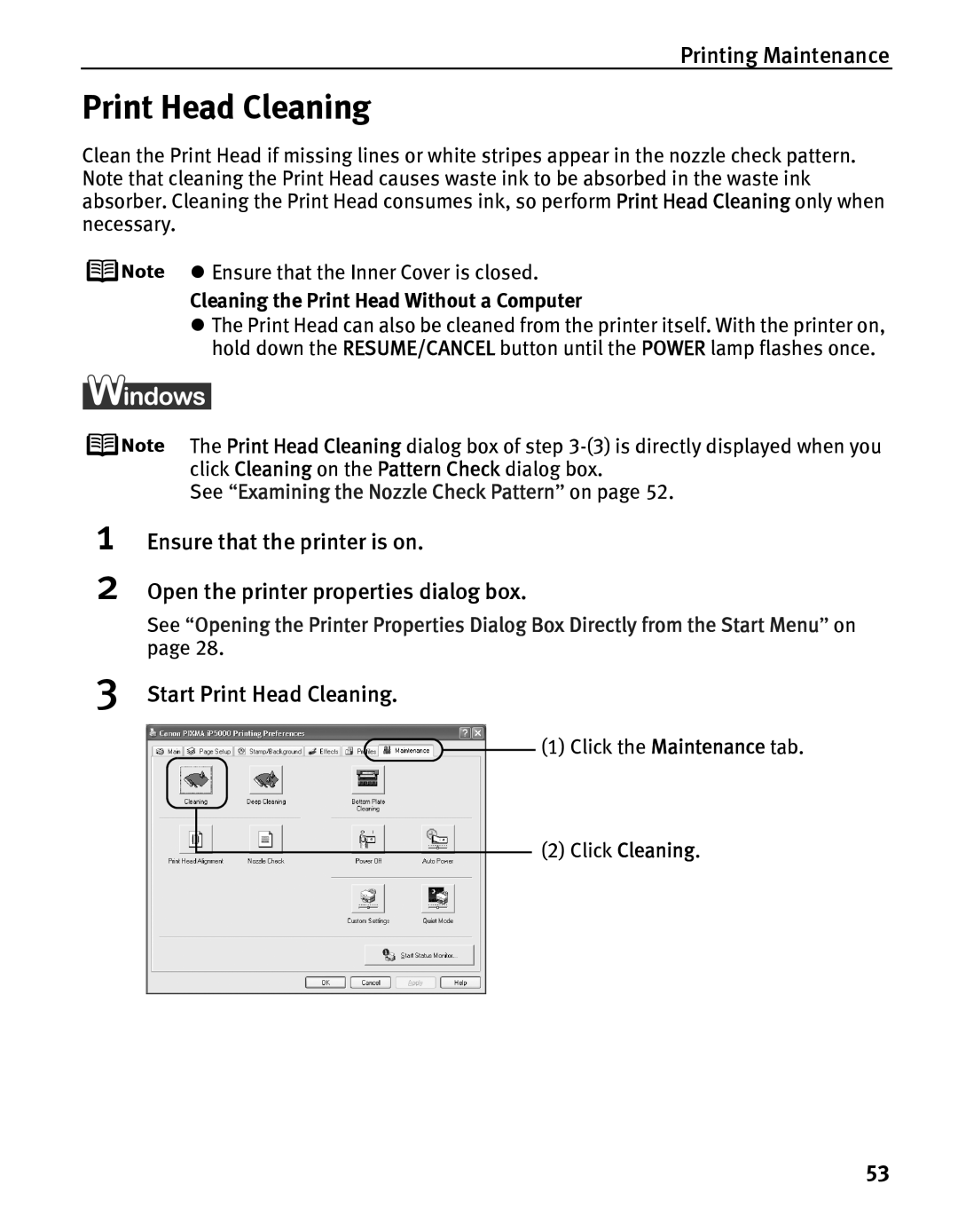Canon iP5000 quick start Start Print Head Cleaning, Cleaning the Print Head Without a Computer 
