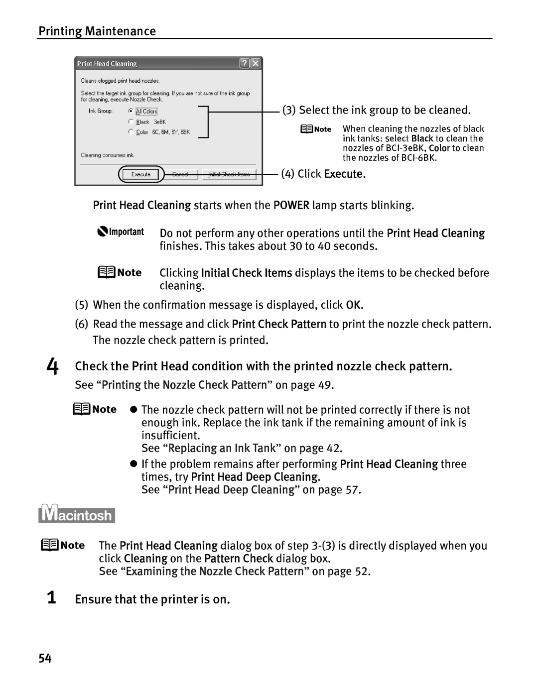 Canon iP5000 quick start Ensure that the printer is on, Select the ink group to be cleaned 