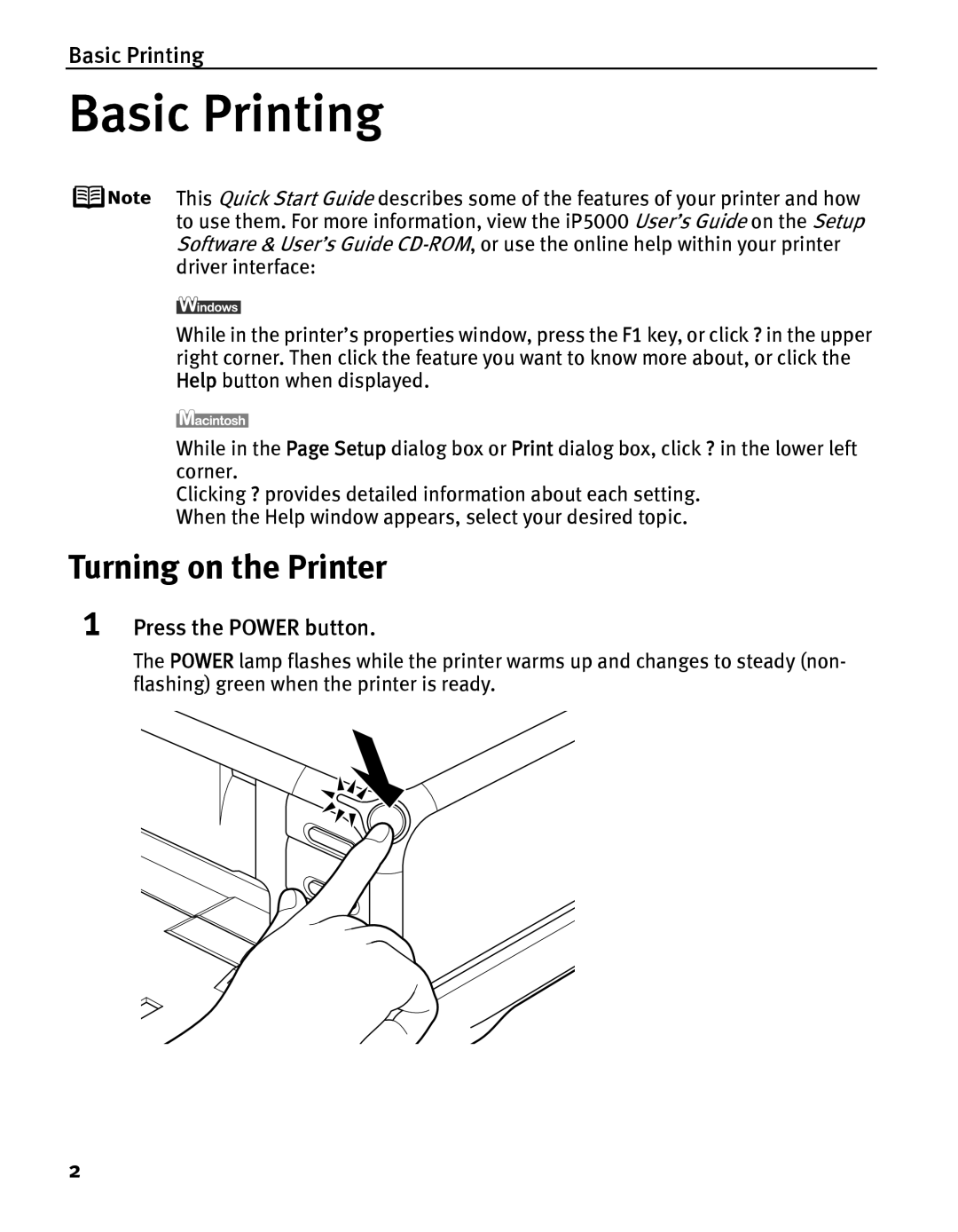 Canon iP5000 quick start Turning on the Printer, Basic Printing, Press the Power button 