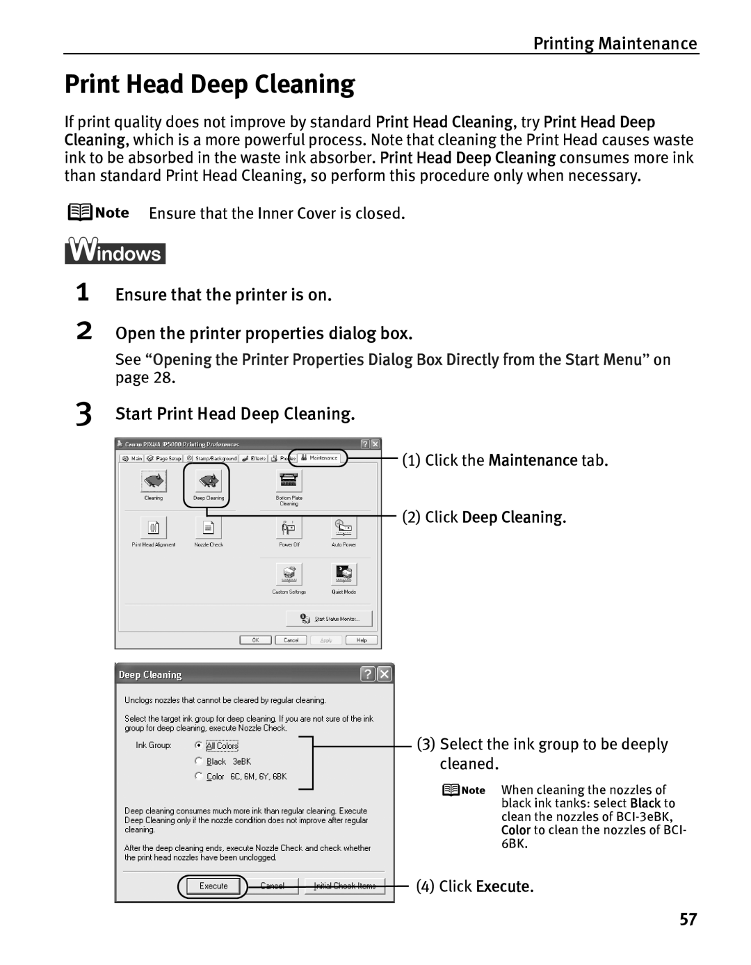 Canon iP5000 quick start Start Print Head Deep Cleaning, Click Deep Cleaning 