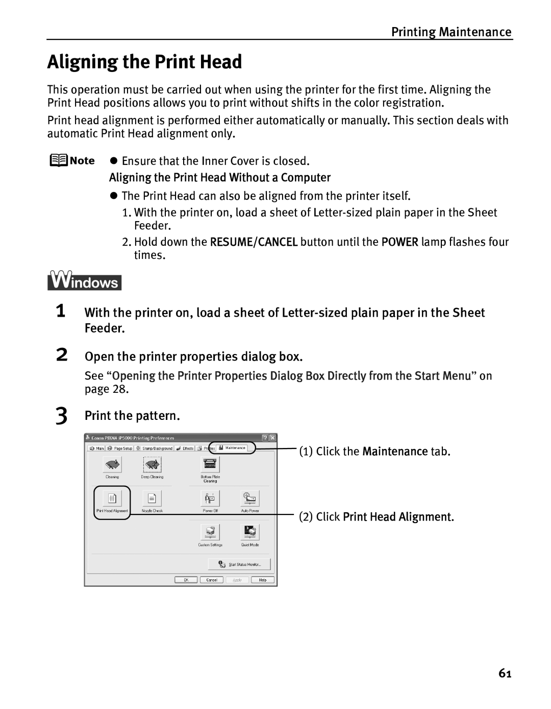 Canon iP5000 quick start Print the pattern, Aligning the Print Head Without a Computer, Click Print Head Alignment 