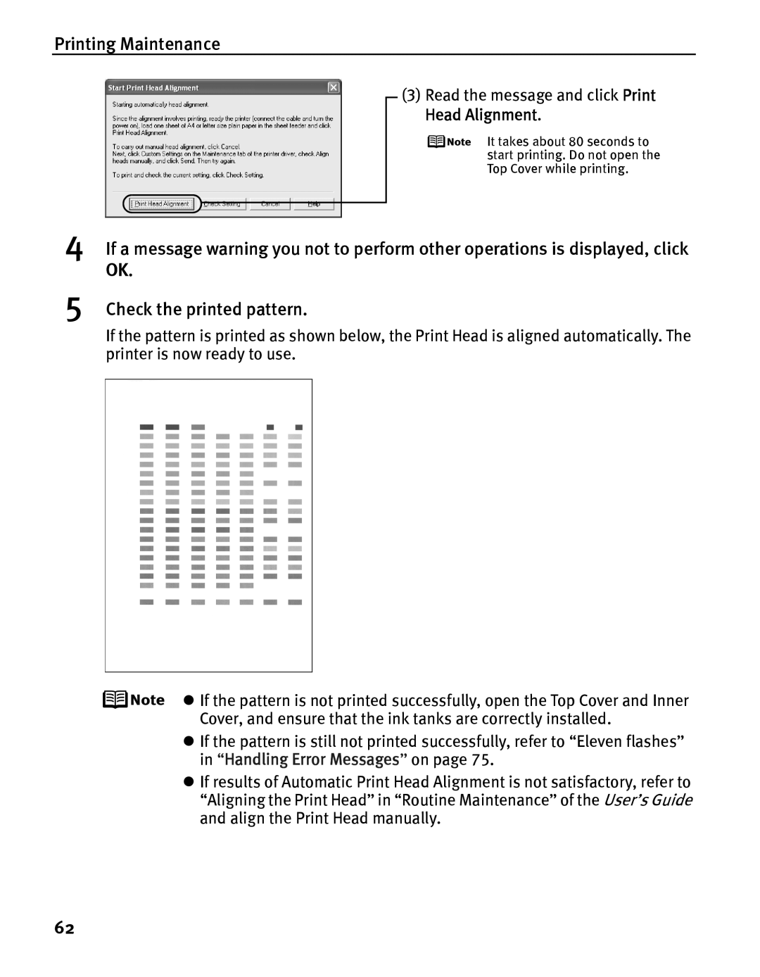 Canon iP5000 quick start Read the message and click Print Head Alignment 