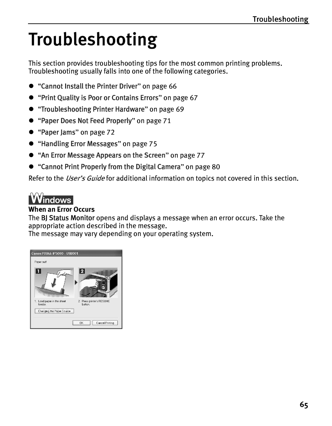 Canon iP5000 quick start Troubleshooting, When an Error Occurs 