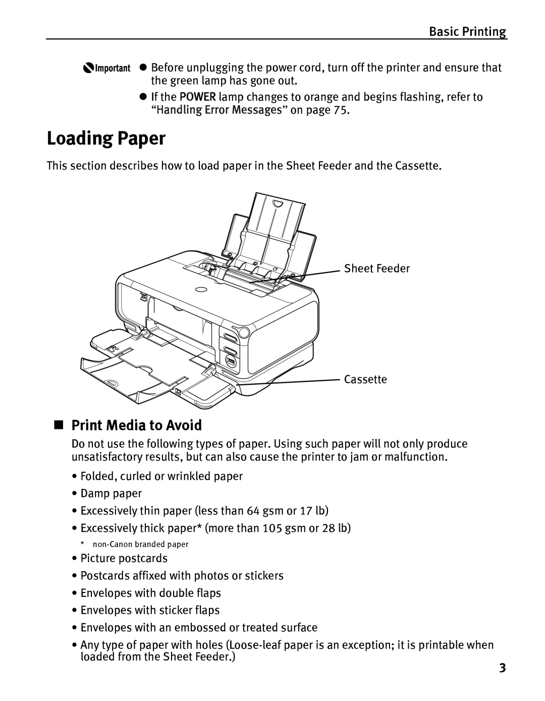 Canon iP5000 quick start Loading Paper, „ Print Media to Avoid, Non-Canon branded paper 