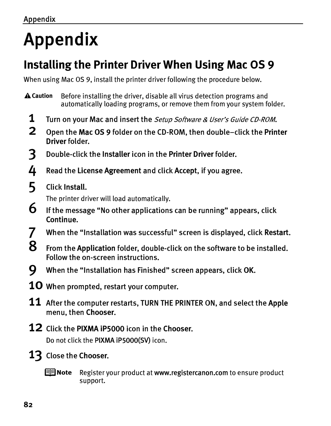 Canon iP5000 quick start Installing the Printer Driver When Using Mac OS, Appendix, Close the Chooser 