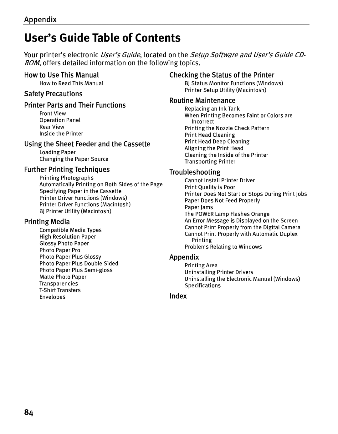 Canon iP5000 quick start User’s Guide Table of Contents 