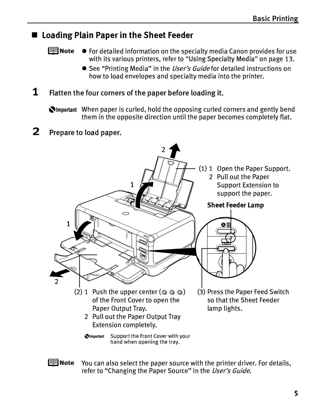 Canon iP5000 quick start „ Loading Plain Paper in the Sheet Feeder, Flatten the four corners of the paper before loading it 