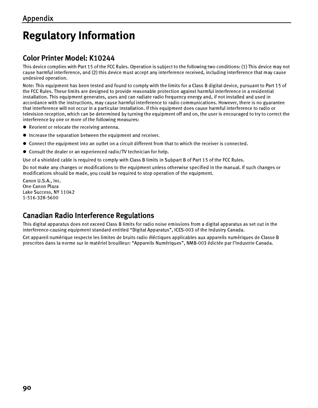 Canon iP5000 quick start Regulatory Information, Color Printer Model K10244 