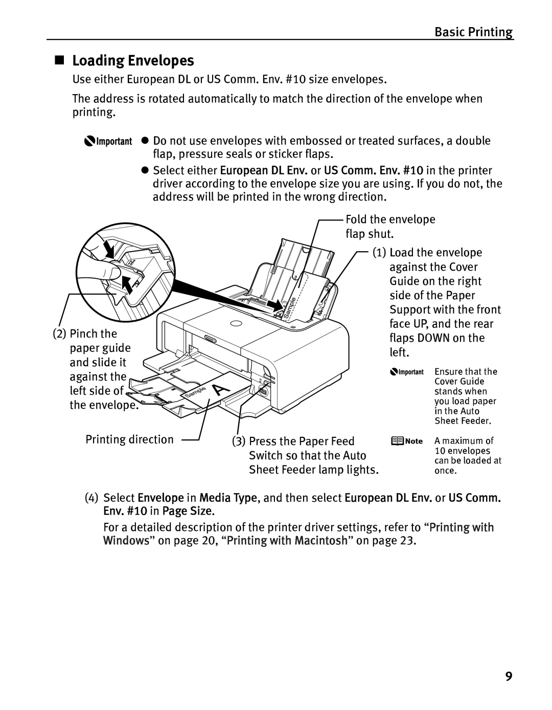 Canon IP5200 quick start „ Loading Envelopes 