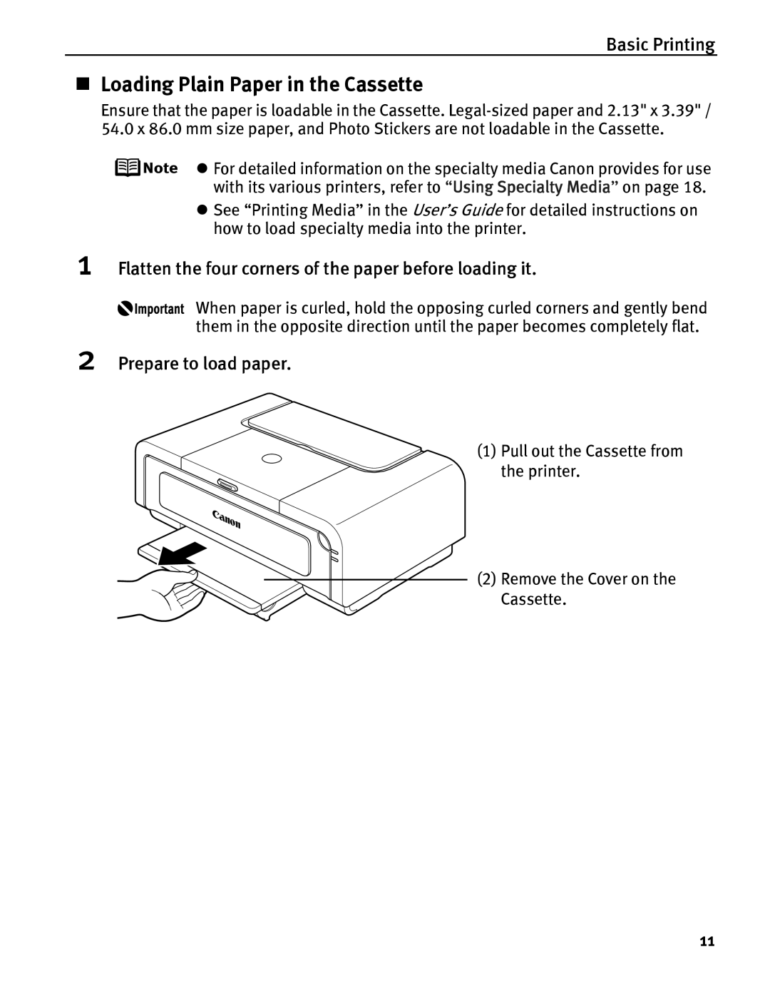 Canon IP5200 quick start „ Loading Plain Paper in the Cassette, Flatten the four corners of the paper before loading it 