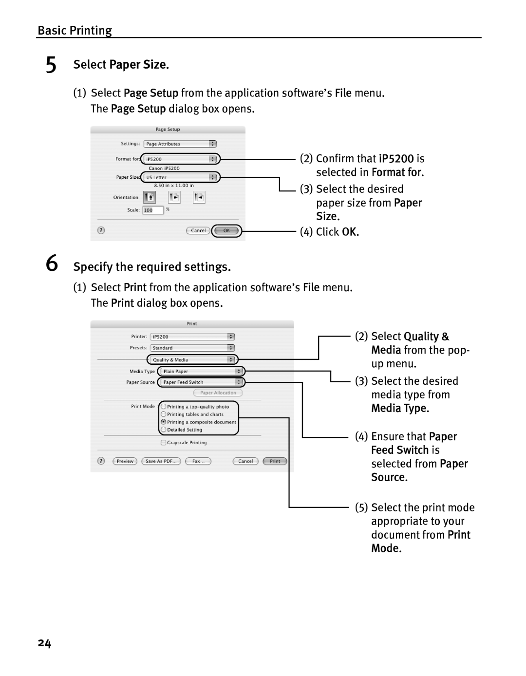 Canon IP5200 quick start Select Paper Size 