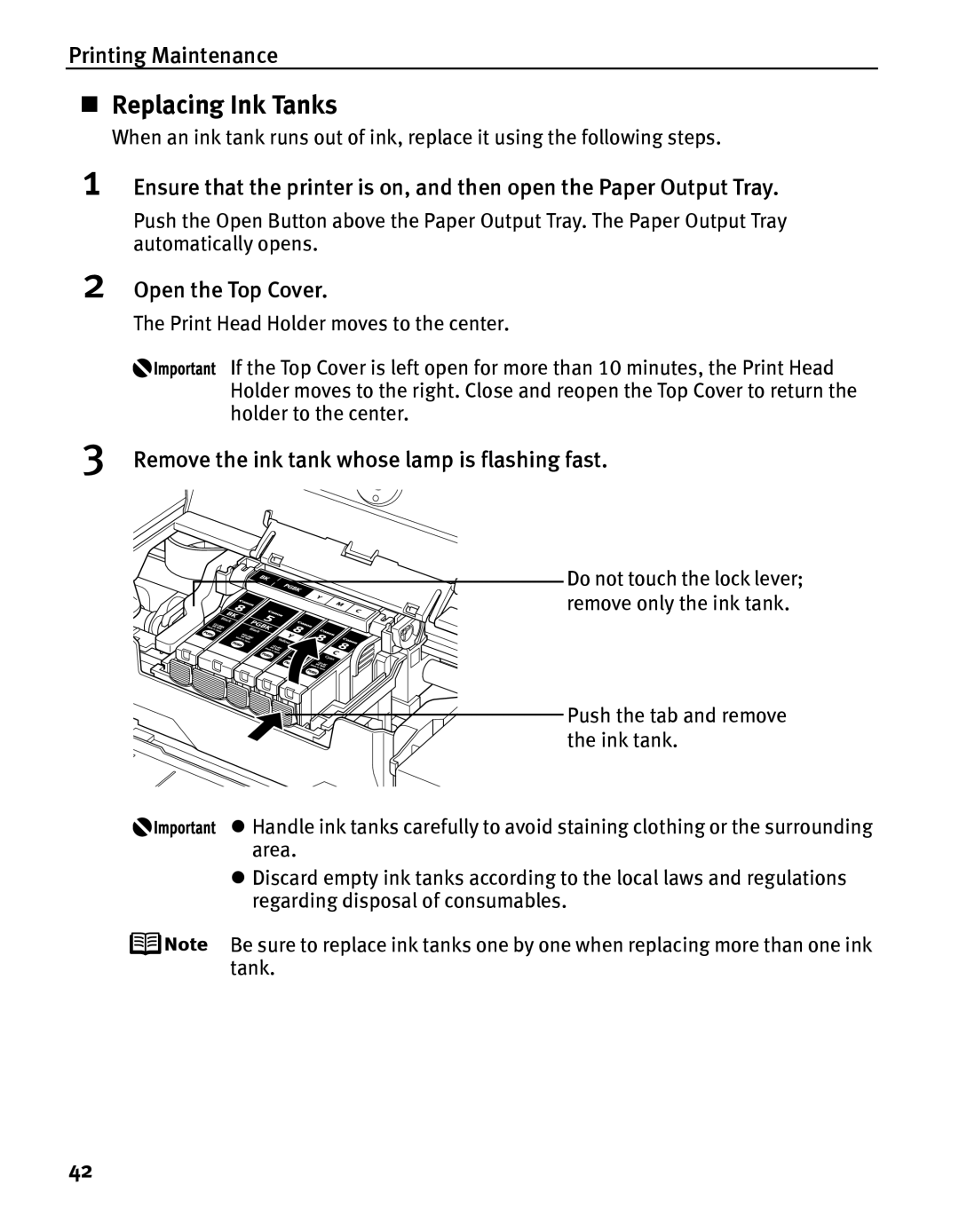 Canon IP5200 quick start „ Replacing Ink Tanks, Open the Top Cover, Remove the ink tank whose lamp is flashing fast 