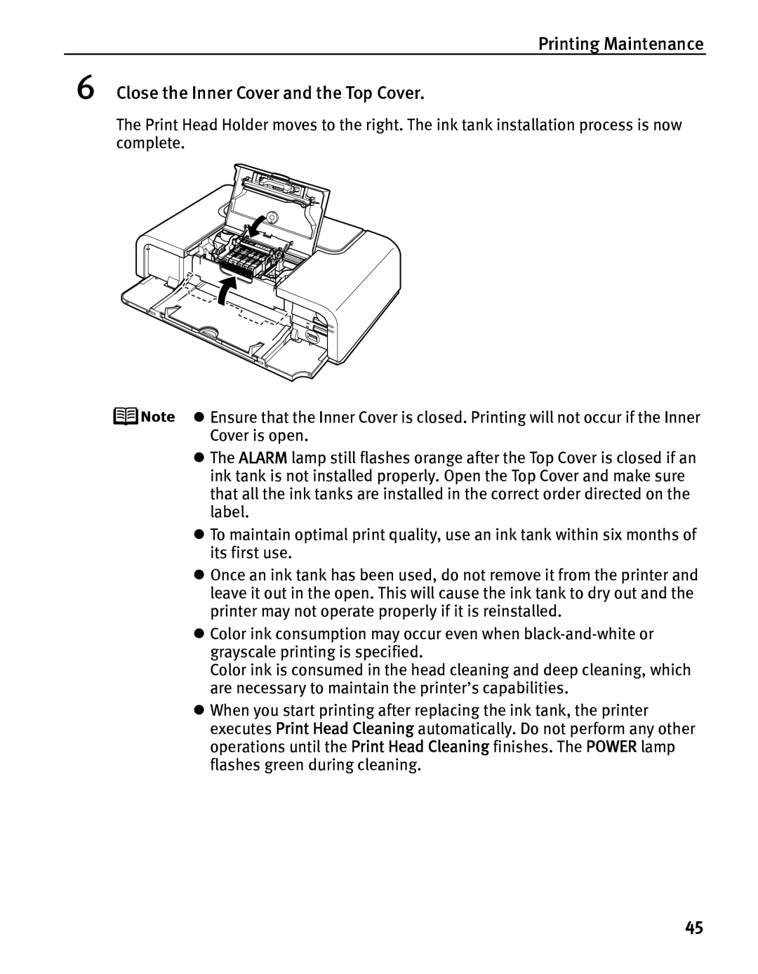 Canon IP5200 quick start Printing Maintenance Close the Inner Cover and the Top Cover 