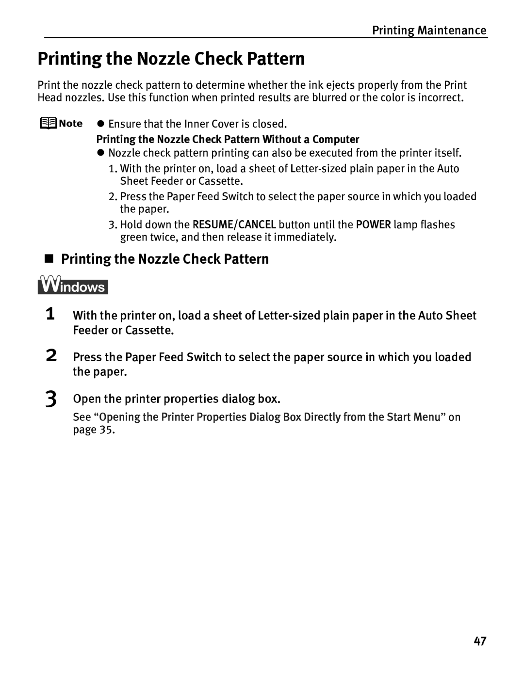 Canon IP5200 quick start „ Printing the Nozzle Check Pattern, Printing the Nozzle Check Pattern Without a Computer 