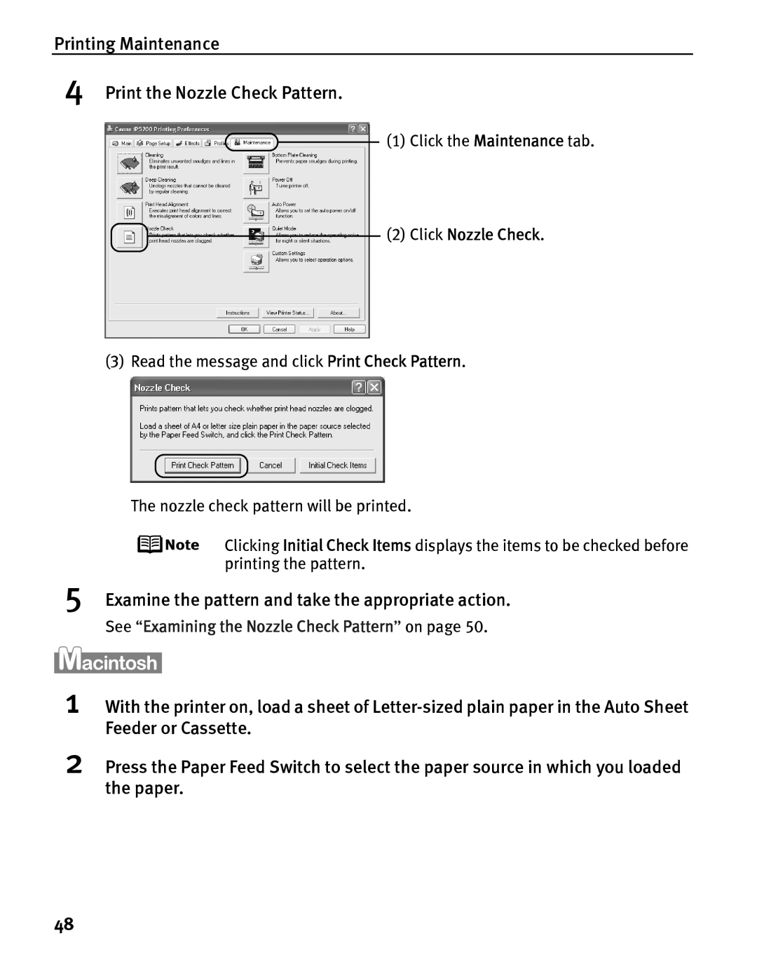 Canon IP5200 quick start Printing Maintenance Print the Nozzle Check Pattern, Click Nozzle Check 