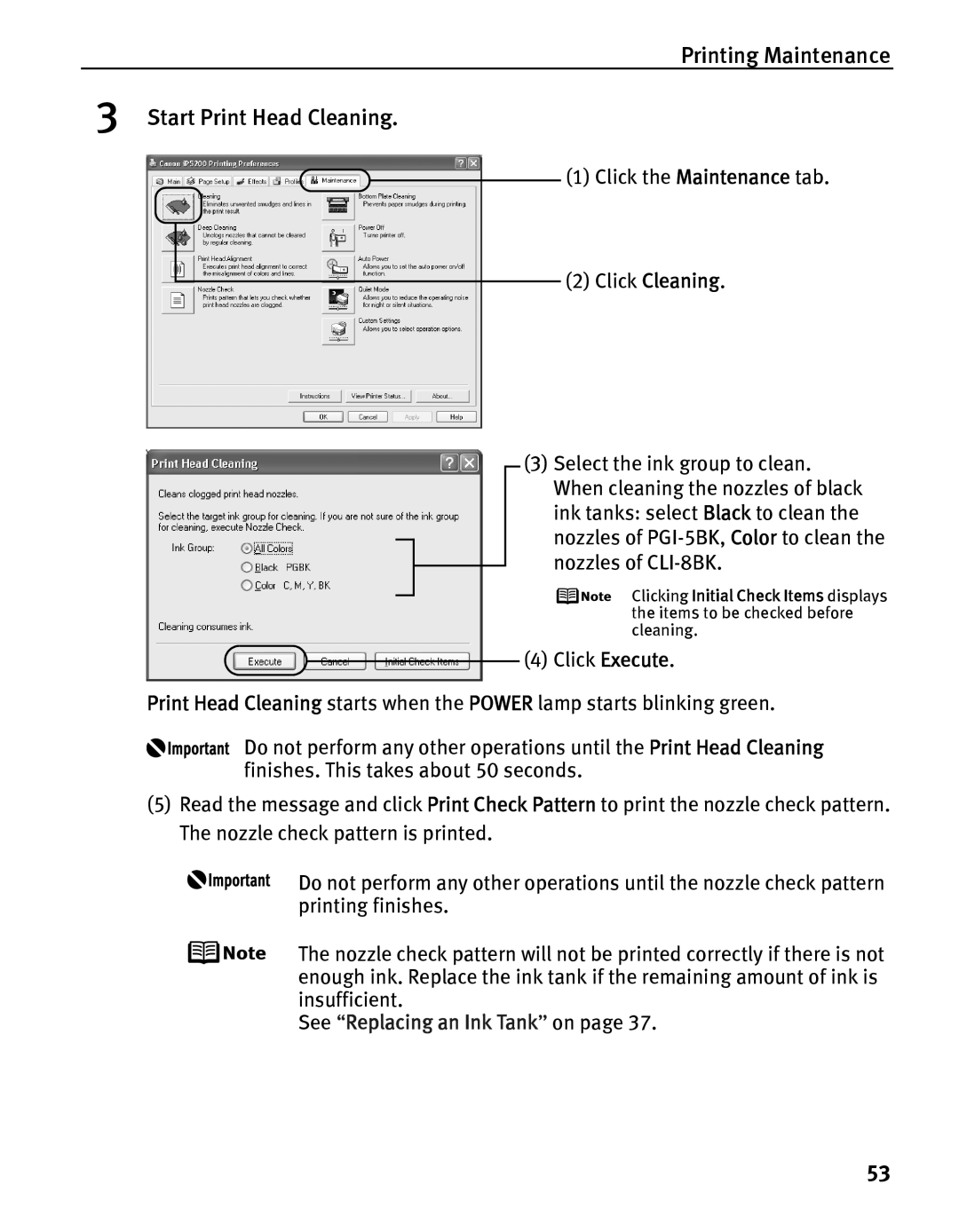 Canon IP5200 quick start Printing Maintenance Start Print Head Cleaning 