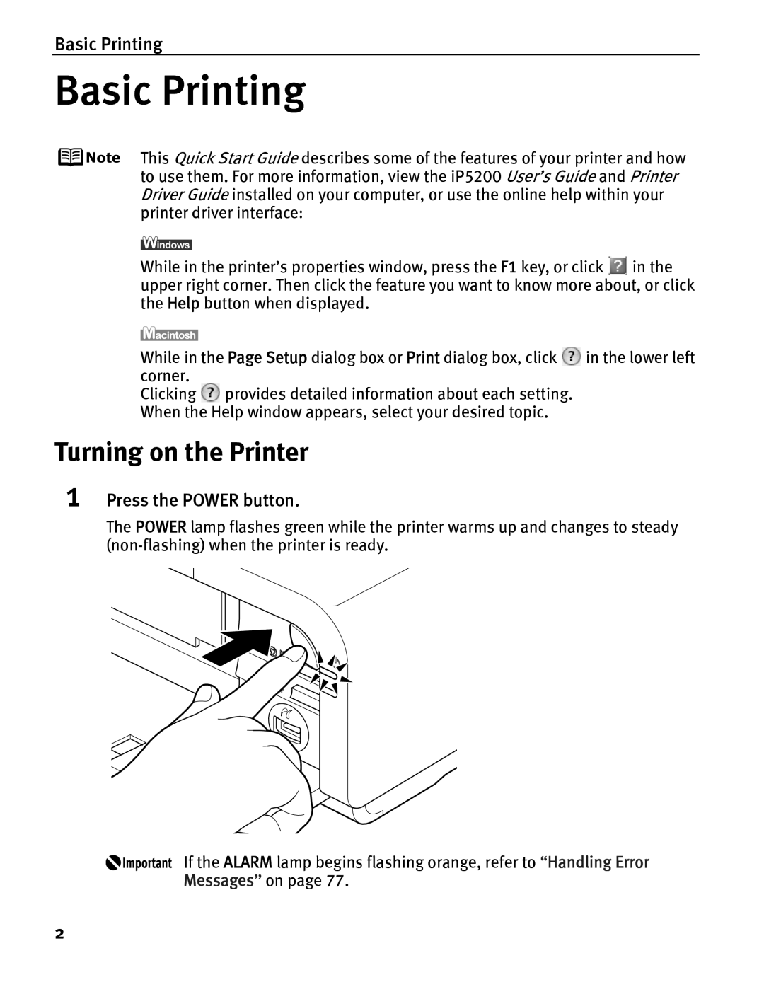 Canon IP5200 quick start Turning on the Printer, Basic Printing, Press the Power button 