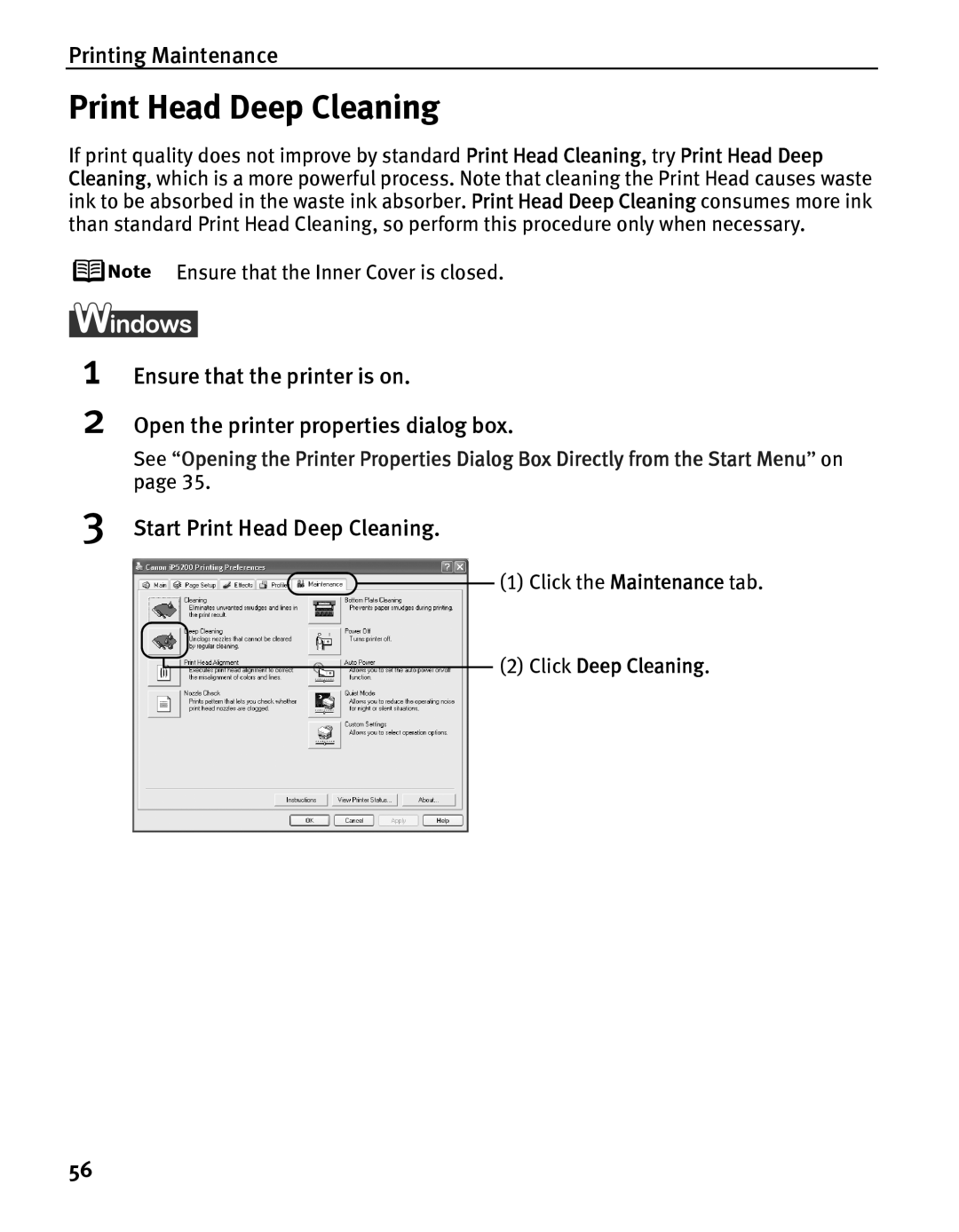 Canon IP5200 quick start Start Print Head Deep Cleaning, Click Deep Cleaning 