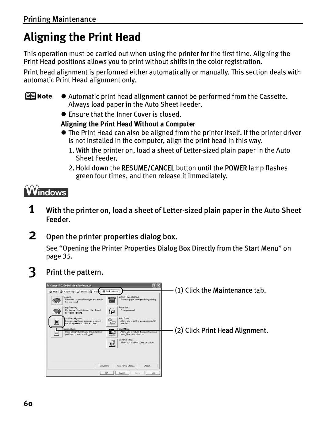 Canon IP5200 quick start Print the pattern, Aligning the Print Head Without a Computer, Click Print Head Alignment 