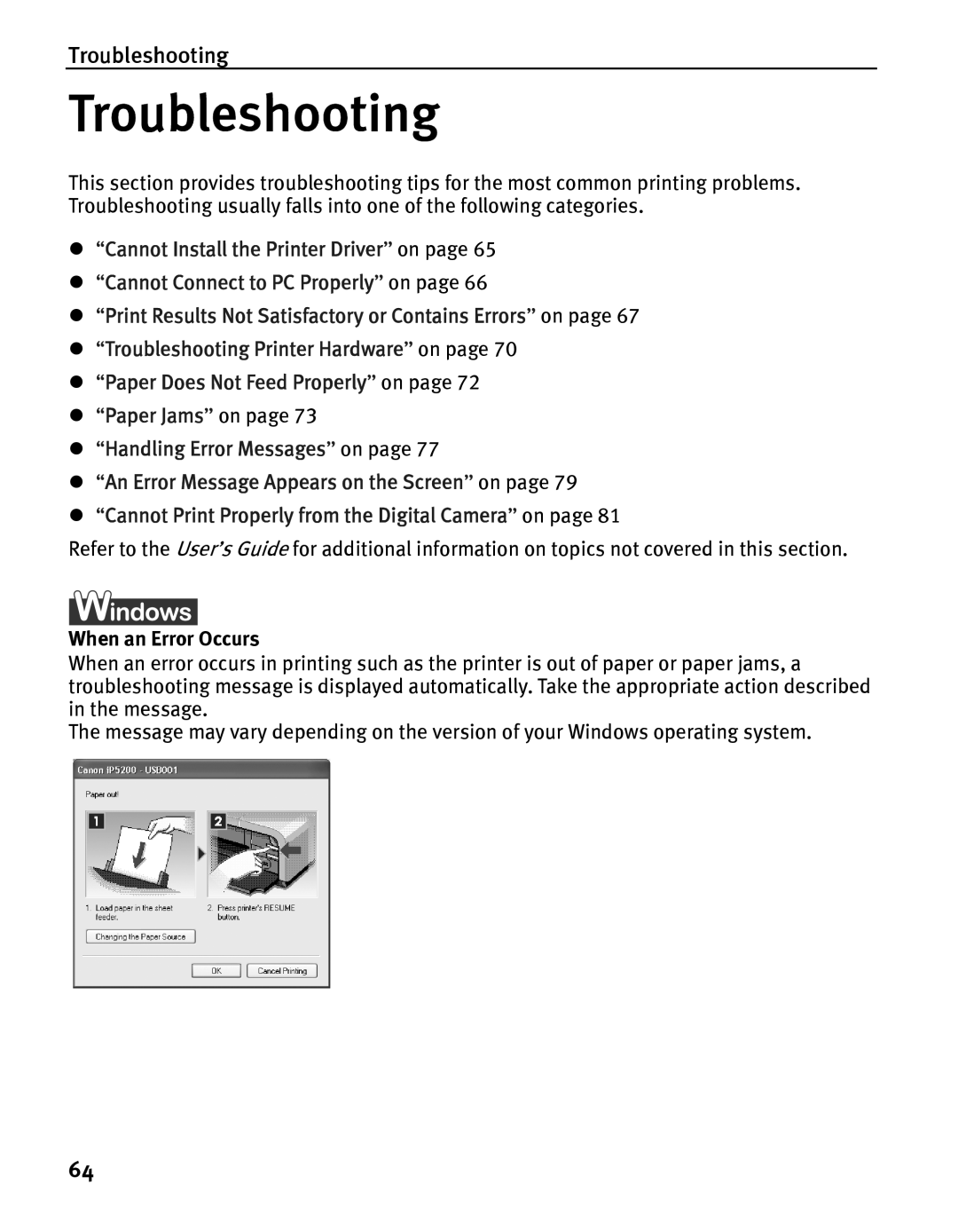 Canon IP5200 quick start Troubleshooting, When an Error Occurs 