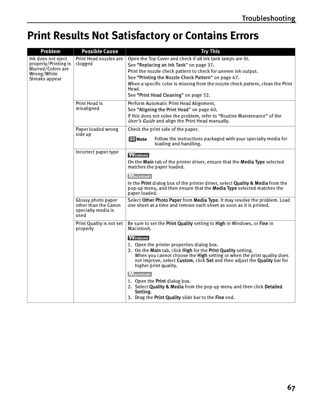 Canon IP5200 quick start Print Results Not Satisfactory or Contains Errors, Setting 